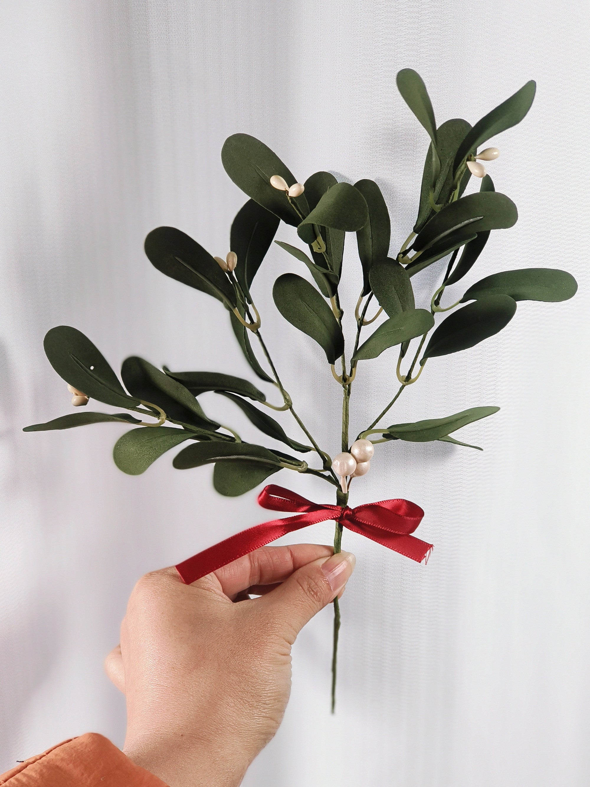 11.8" Artificial Mistletoe Pick with Red Bow
